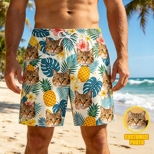 Custom men's Hawaiian-style beach shorts for the perfect summer beach look; custom pet-themed beach shorts designed for pet lovers.