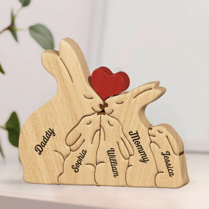 Love & Bunnies - Family Personalized Custom Rabbit Shaped Wooden Art Puzzle - Wooden Pet Carvings, Wood Sculpture Table Ornaments, Carved Wood Decor - Gift For Family Members