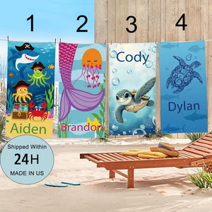 Custom Name Kids Pool Towel – Cute Ocean Animal Beach Towel for Boys & Girls
