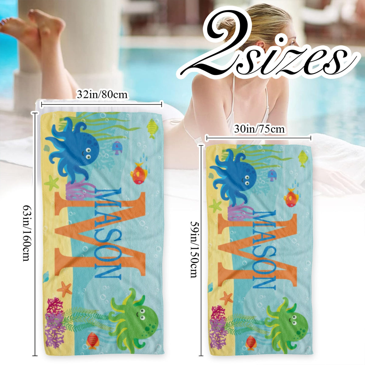 Personalized Kids Beach Towel - Fun Beach Designs - Gift For Girls Or Boys - Available In 3 Designs - Choose From 2 Sizes