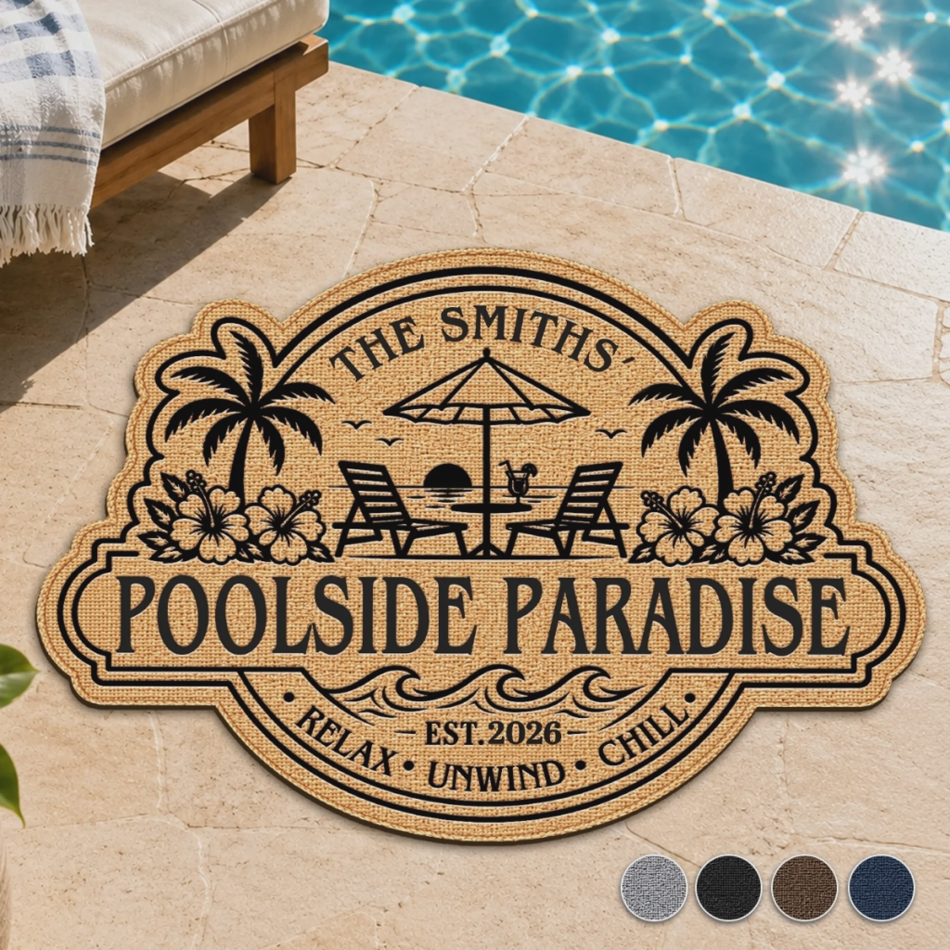 Custom Poolside Shaped Doormat - Personalized Summer Vacation And Travel Gifts For Mom, Dad, Brother, Sister, Kids - Welcome To Our Happy Place