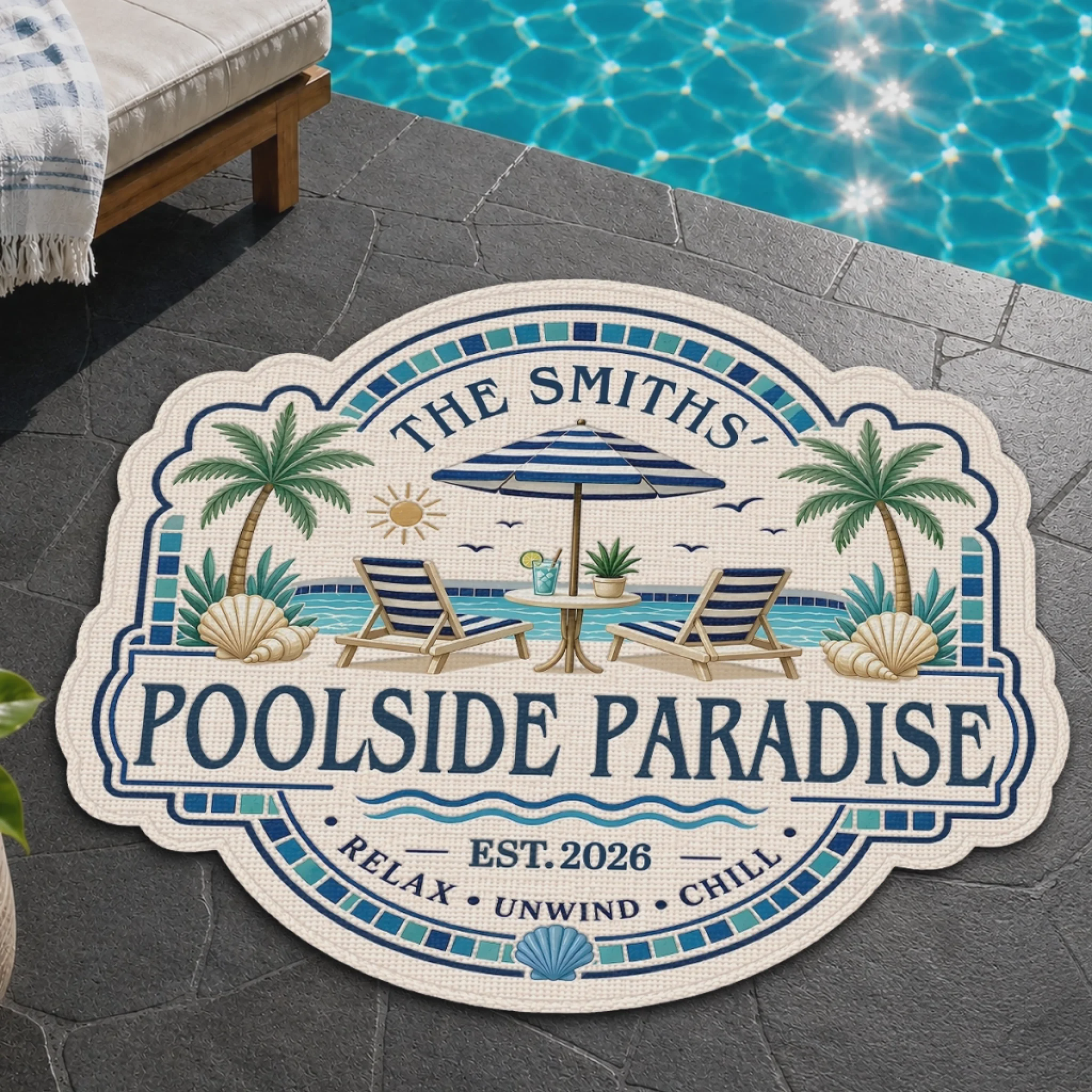 Custom Poolside Shaped Doormat - Personalized Summer Vacation And Travel Gifts For Mom, Dad, Brother, Sister - Welcome To Paradise