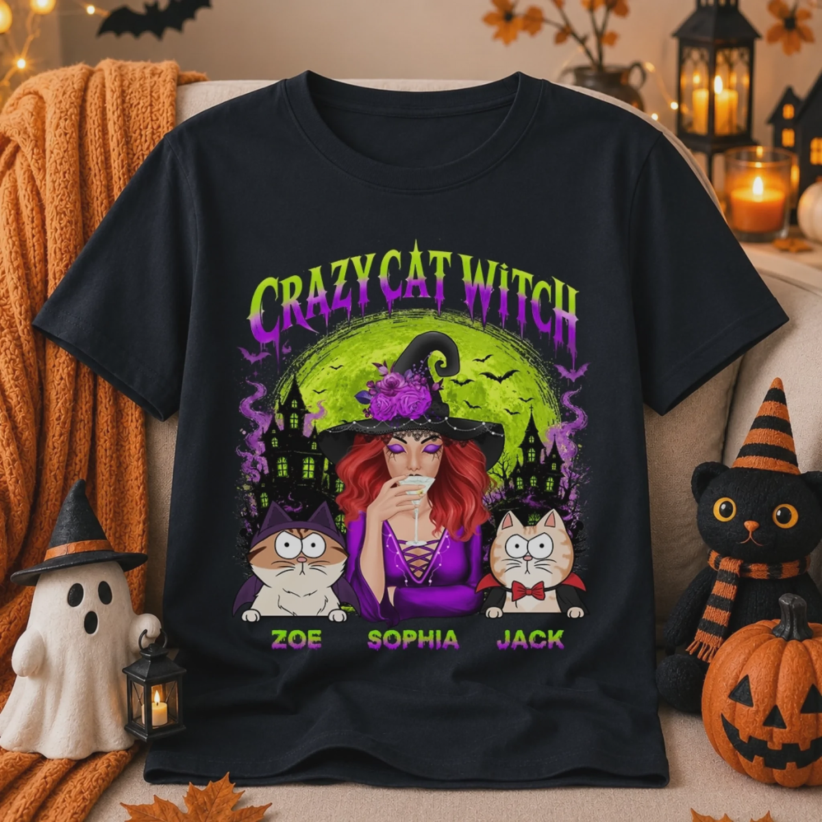 Custom Unisex T-shirt - Personalized Halloween Witchy Gifts For Cat Lovers, Cat Mom And Dad - Meet My Spooky Fur Babies