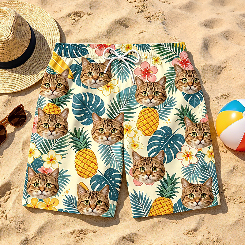 Custom men's Hawaiian-style beach shorts for the perfect summer beach look; custom pet-themed beach shorts designed for pet lovers.