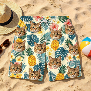 Custom men's Hawaiian-style beach shorts for the perfect summer beach look; custom pet-themed beach shorts designed for pet lovers.