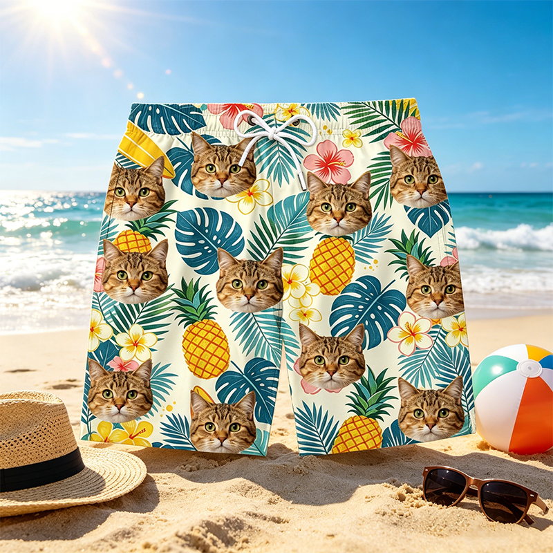 Custom men's Hawaiian-style beach shorts for the perfect summer beach look; custom pet-themed beach shorts designed for pet lovers.