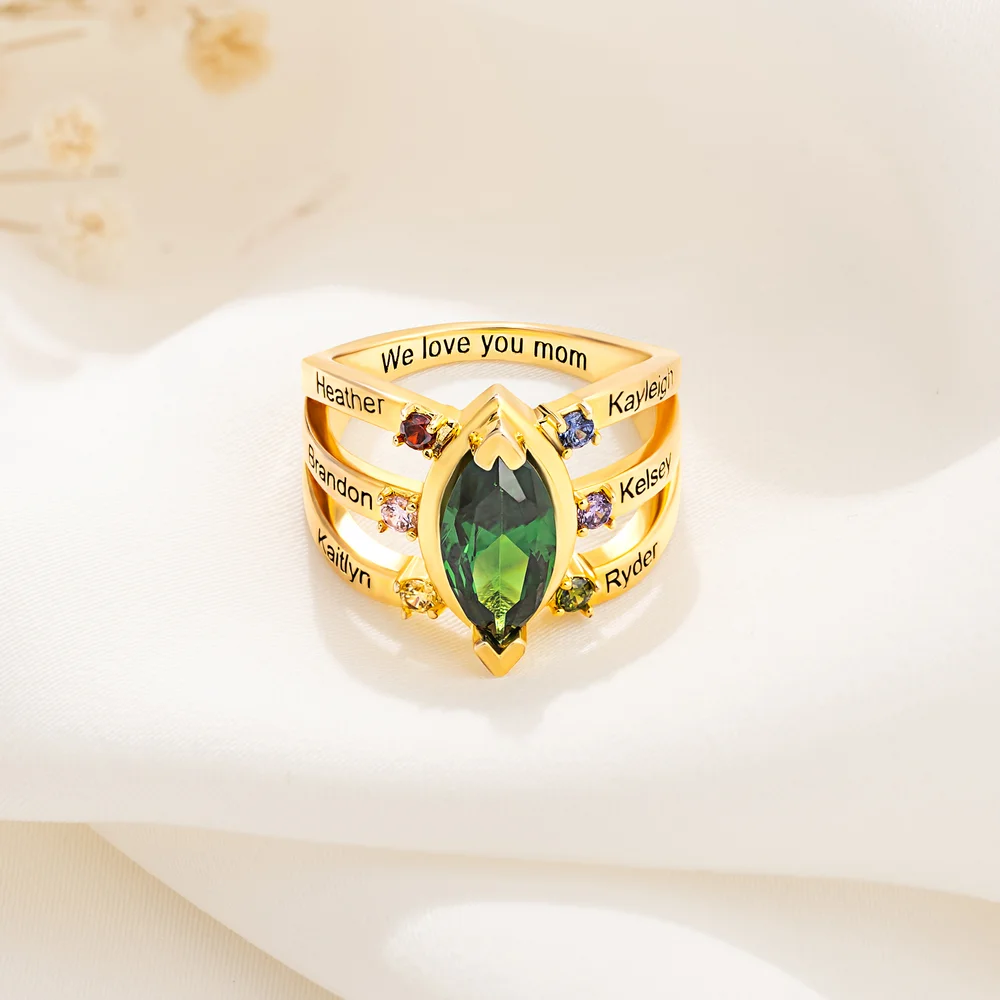 Personalized Dainty Birthstone Ring with Engraved Name Women Jewelry Birthday Mother's Day Gift for Mom Grandma