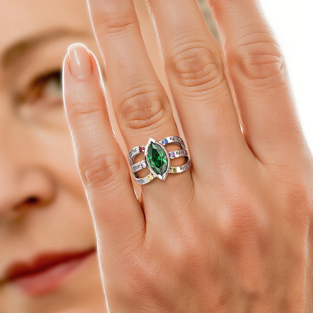 Personalized Dainty Birthstone Ring with Engraved Name Women Jewelry Birthday Mother's Day Gift for Mom Grandma