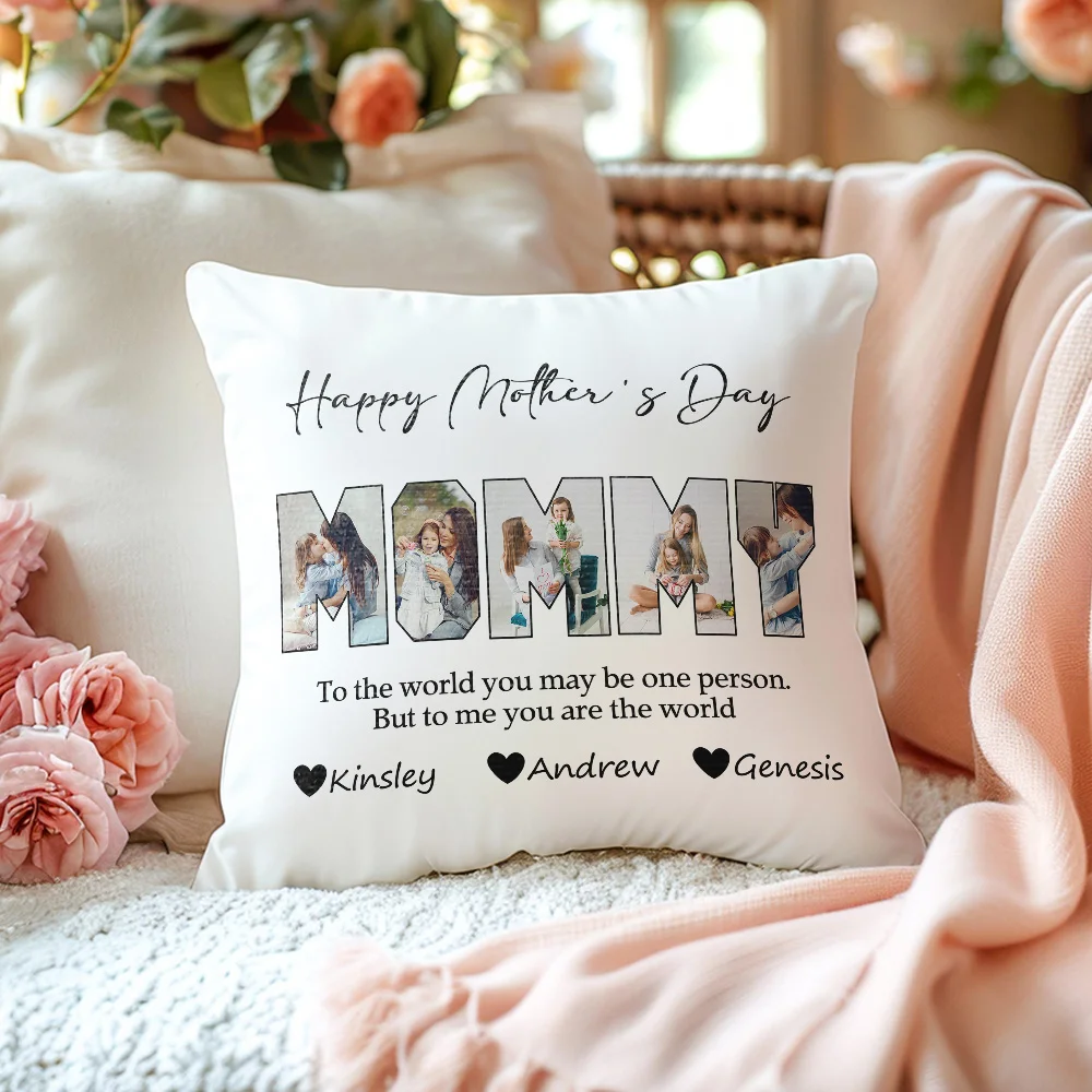 Personalized Photos Title Design Throw Pillow Cover with 1-10 Names Mother's Day Appreciation Housewarming Gift for Grandma Mom