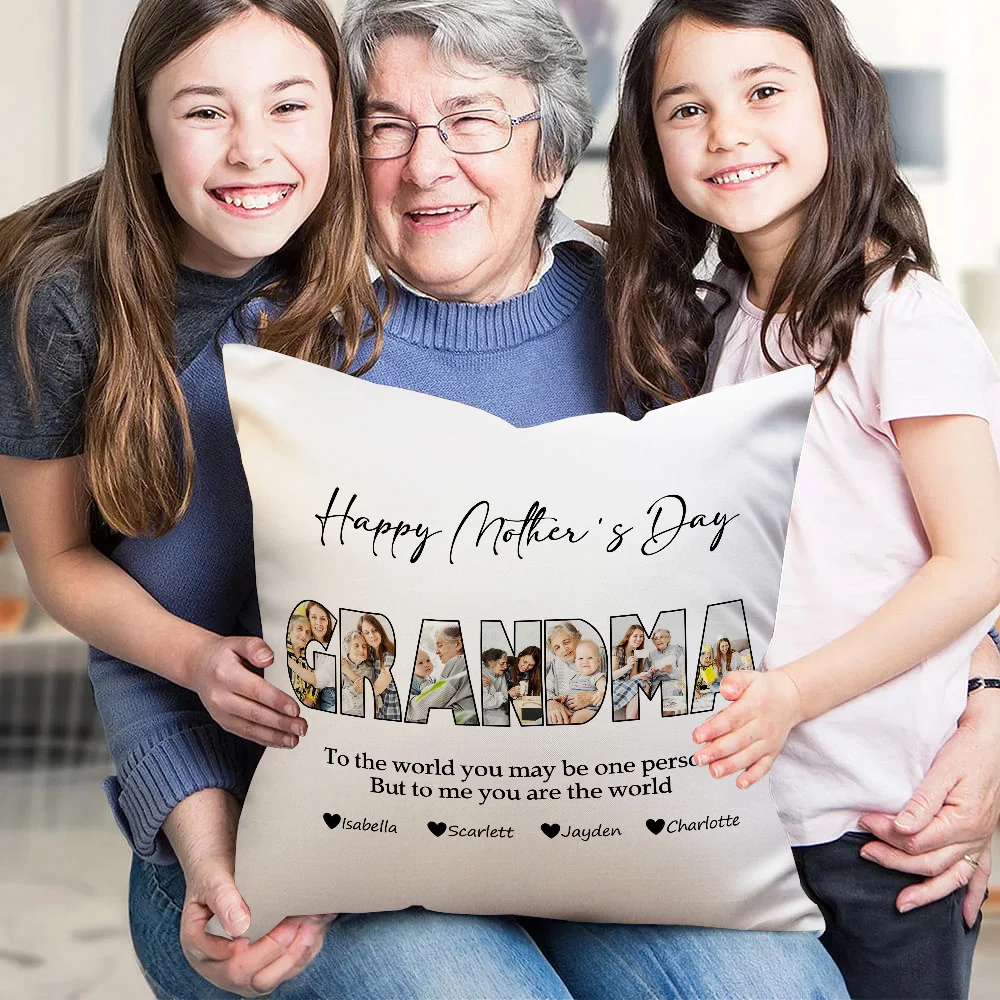 Personalized Photos Title Design Throw Pillow Cover with 1-10 Names Mother's Day Appreciation Housewarming Gift for Grandma Mom