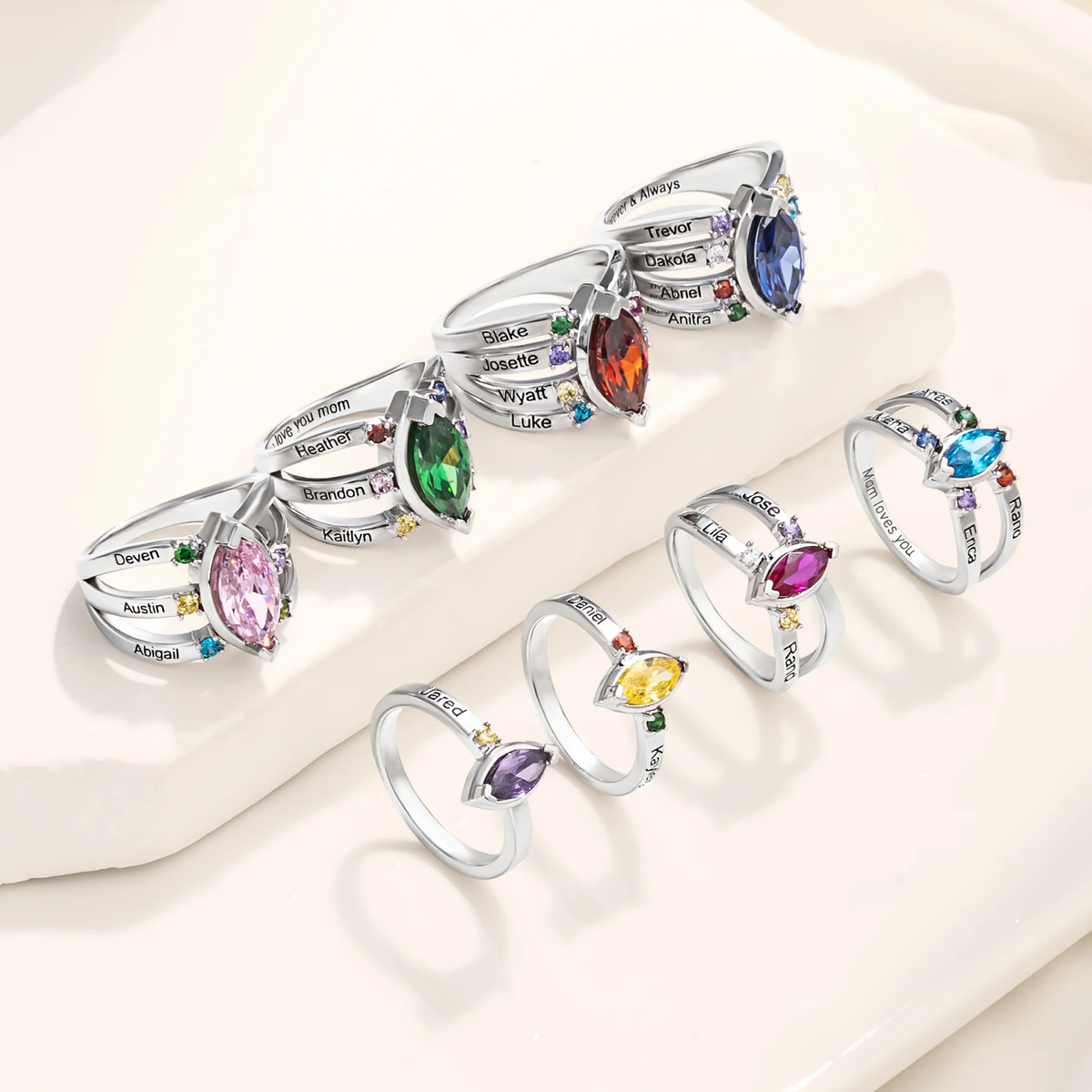 Personalized Dainty Birthstone Ring with Engraved Name Women Jewelry Birthday Mother's Day Gift for Mom Grandma