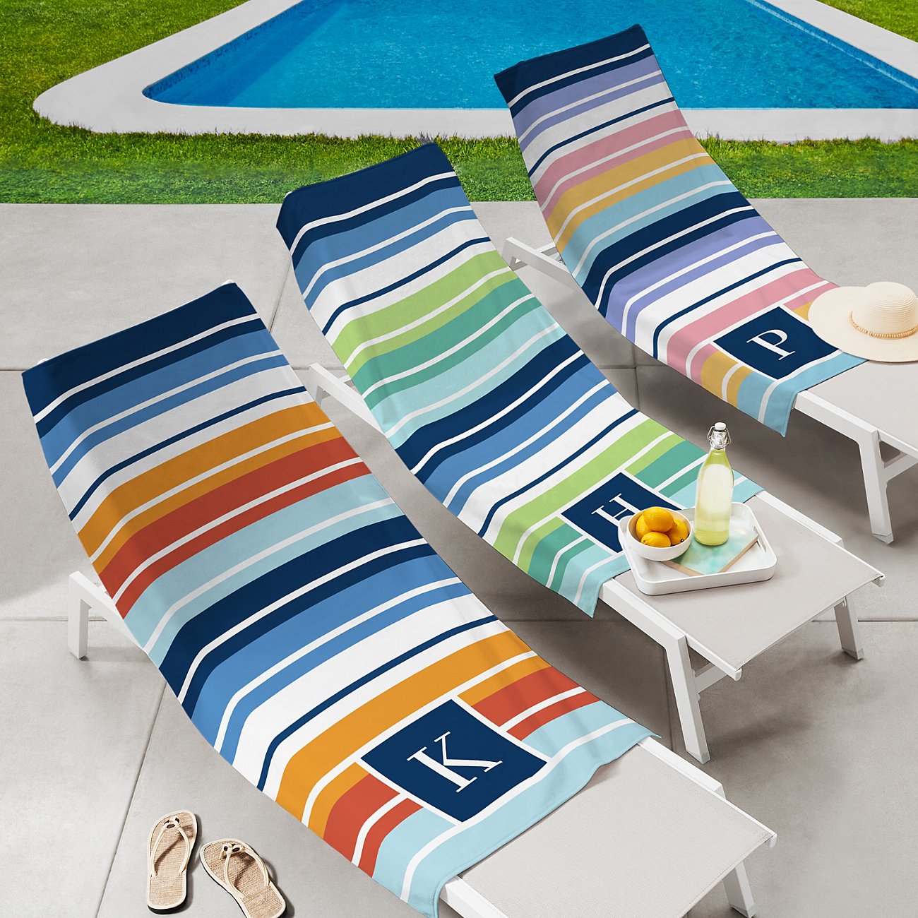 Personalized Chaise Lounge Towel, Custom Initial Striped Pool Chair Towel for Men, Women, Family, Beach Towel for Vacation, Pool, Resort, Perfect Gift
