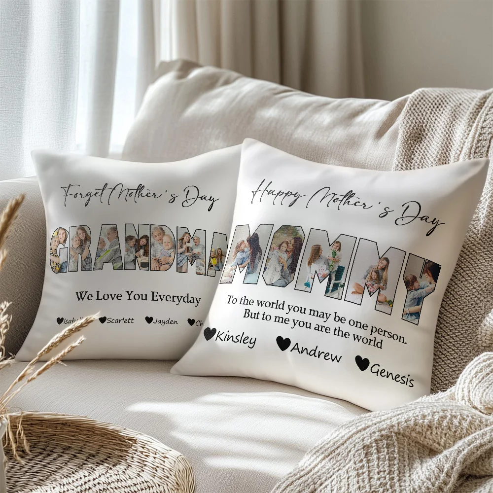 Personalized Photos Title Design Throw Pillow Cover with 1-10 Names Mother's Day Appreciation Housewarming Gift for Grandma Mom