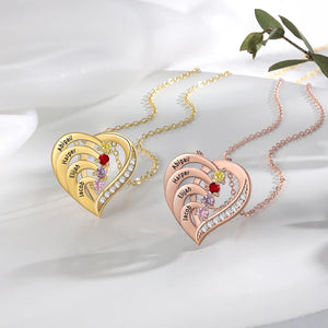 Personalized Family Heart Pendant Sterling Silver Necklace with 1-6 Engraved Names and Birthstones Mother's Day Birthday Gift for Mom Grandma