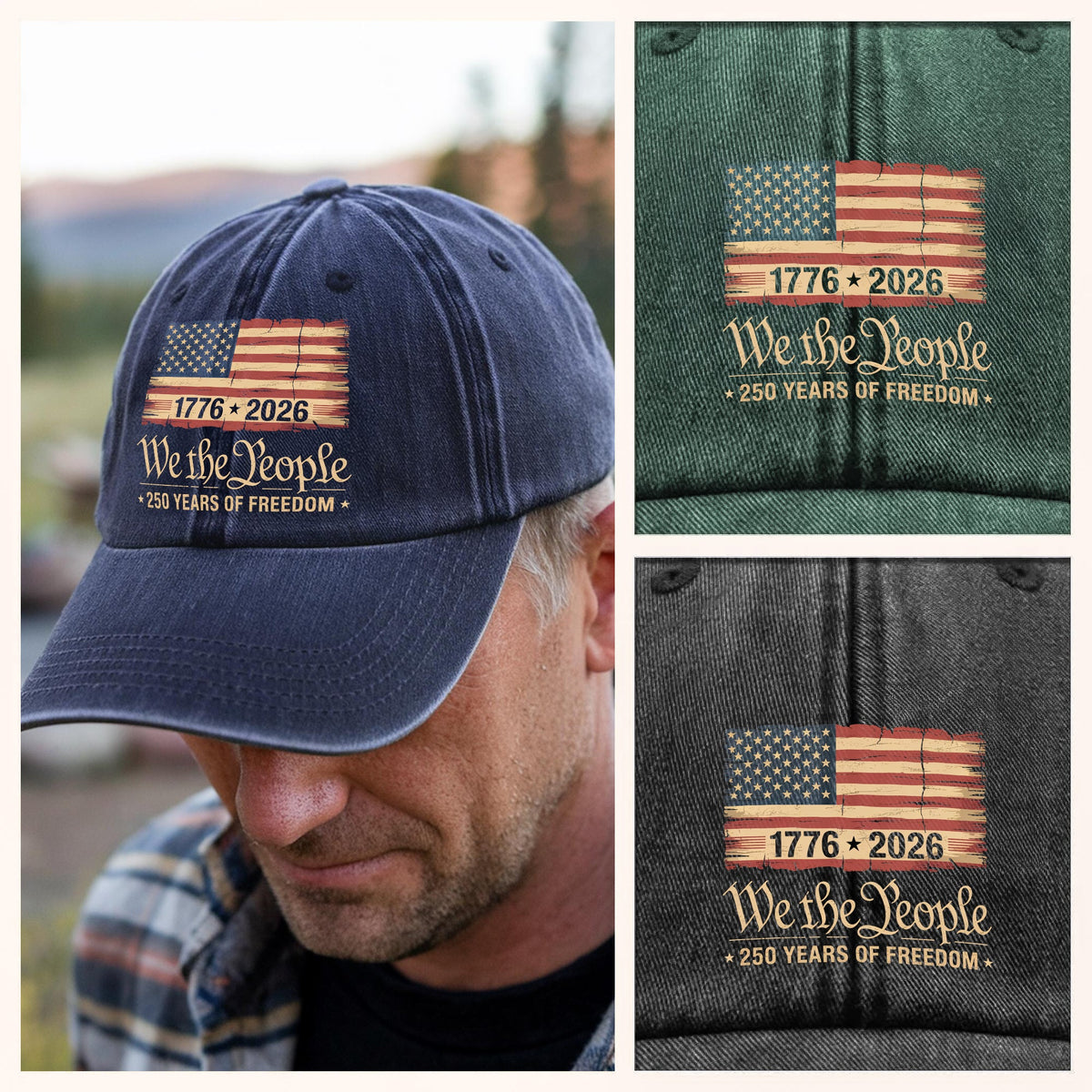 America 250th Birthday US Flag 250 Years We The People Washed Denim Baseball Cap