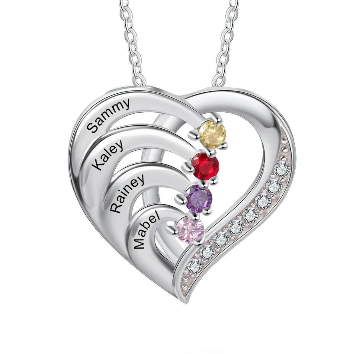 Personalized Family Heart Pendant Sterling Silver Necklace with 1-6 Engraved Names and Birthstones Mother's Day Birthday Gift for Mom Grandma