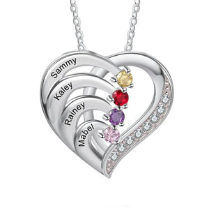 Personalized Family Heart Pendant Sterling Silver Necklace with 1-6 Engraved Names and Birthstones Mother's Day Birthday Gift for Mom Grandma