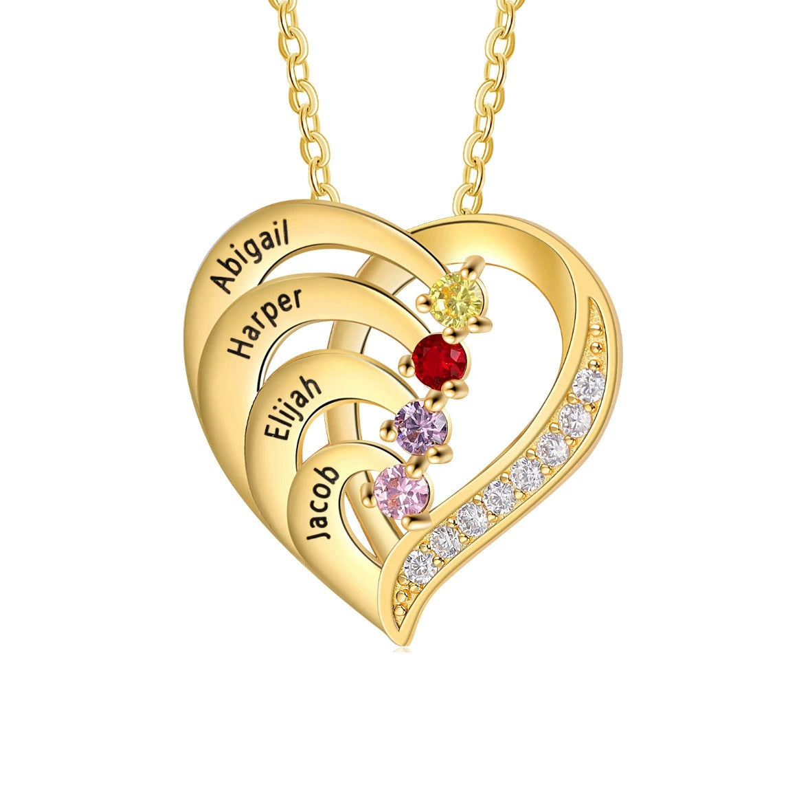 Personalized Family Heart Pendant Sterling Silver Necklace with 1-6 Engraved Names and Birthstones Mother's Day Birthday Gift for Mom Grandma