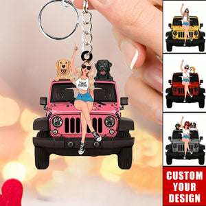 Personalized A Girl With Off-Road Car And Dog Keychain Gift For Journey Girls