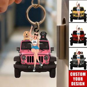 Personalized A Girl With Off-Road Car And Dog Keychain Gift For Journey Girls