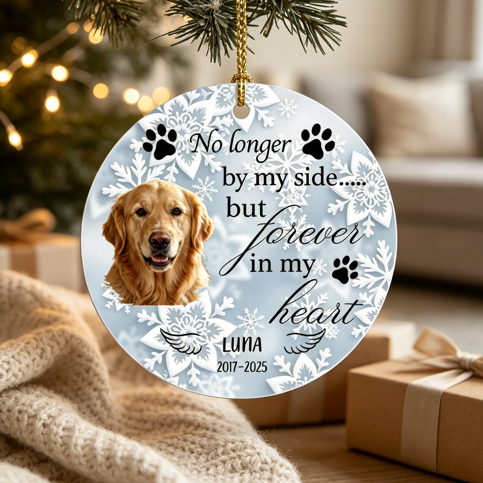 Round Ceramic Dog Memorial Ornament | No Longer By Our Side Forever In Our Hearts Pet Remembrance Gift