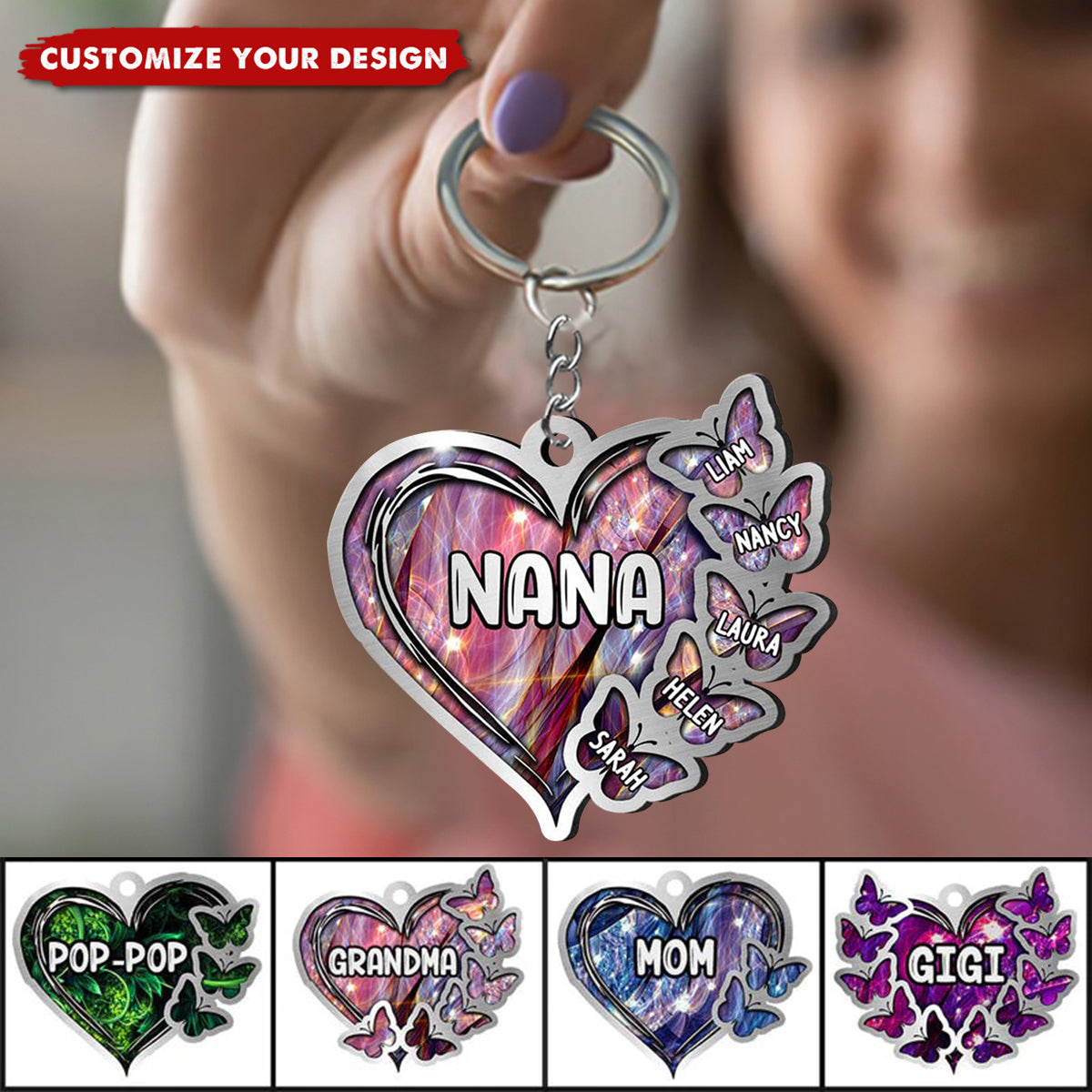 Sparkling Grandma- Mom Heart Butterfly Kids, Multi Colors Personalized Acrylic Keychain