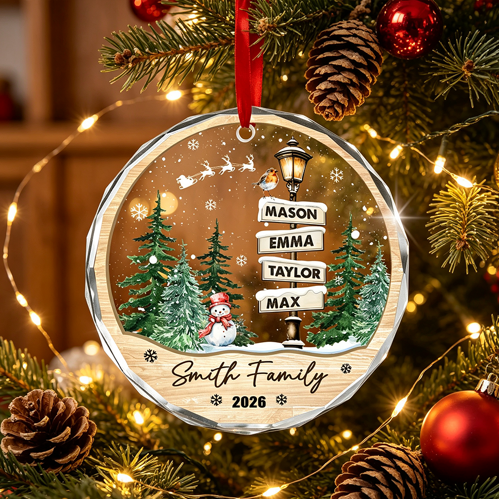 Personalized Family Signpost Christmas Ornament 2026 | Custom Names Surname Year Glass Xmas Keepsake Gift