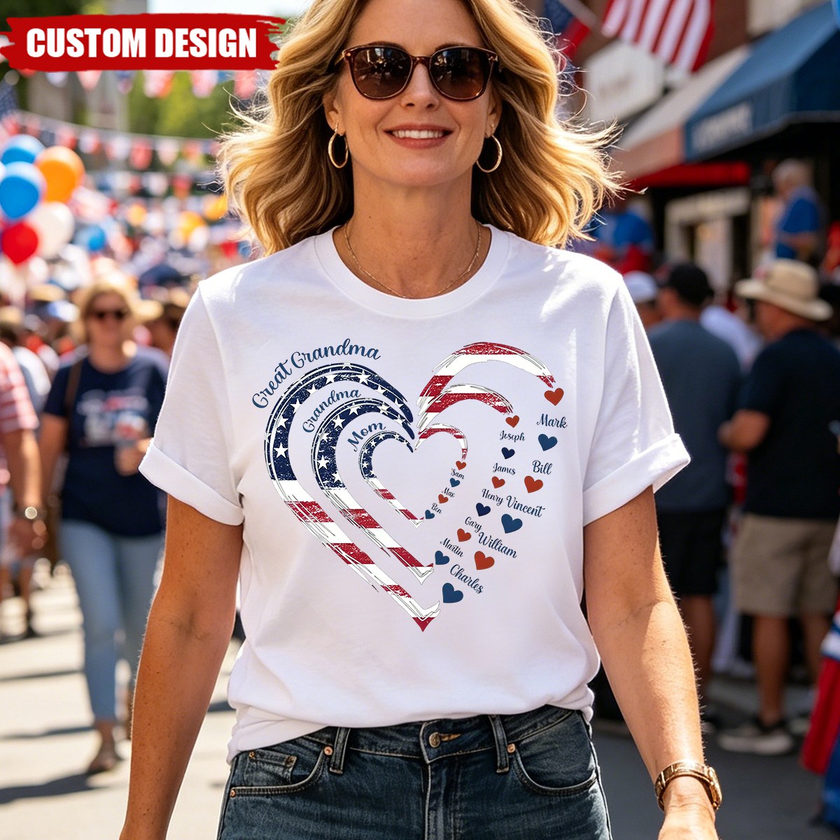4th of July Grandma Mom Kids Heart In Heart - Personalized Shirt