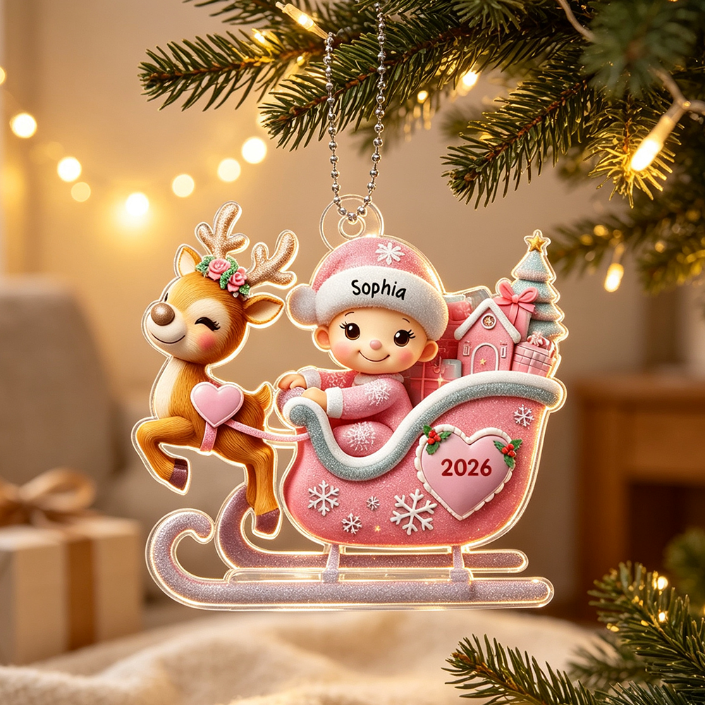 Adorable Reindeer Sleigh Acrylic Ornament – Baby’s First Christmas Premium Keepsake Gift for Newborn Celebration