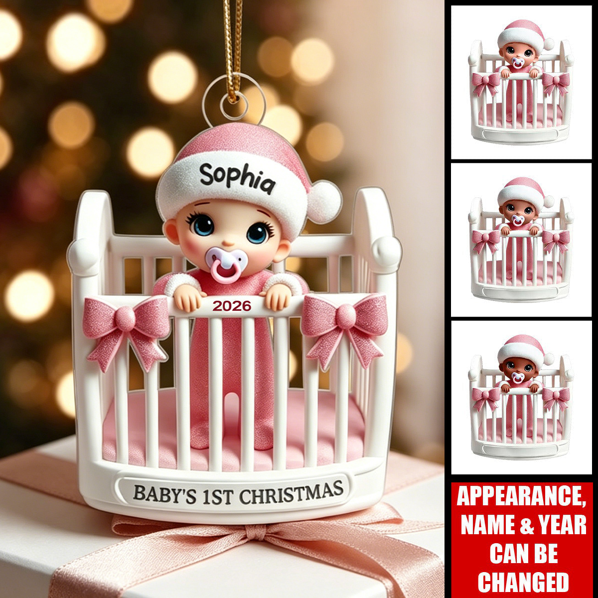 Baby Inside Crib 3D Effect Baby's First Christmas Personalized Acrylic Ornament