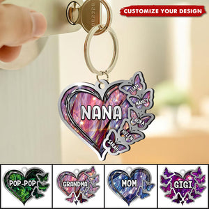 Sparkling Grandma- Mom Heart Butterfly Kids, Multi Colors Personalized Acrylic Keychain