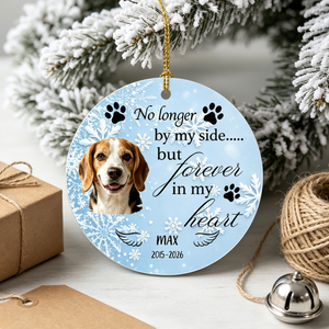 Round Ceramic Dog Memorial Ornament | No Longer By Our Side Forever In Our Hearts Pet Remembrance Gift