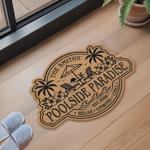 Custom Poolside Shaped Doormat - Personalized Summer Vacation And Travel Gifts For Mom, Dad, Brother, Sister, Kids - Welcome To Our Happy Place
