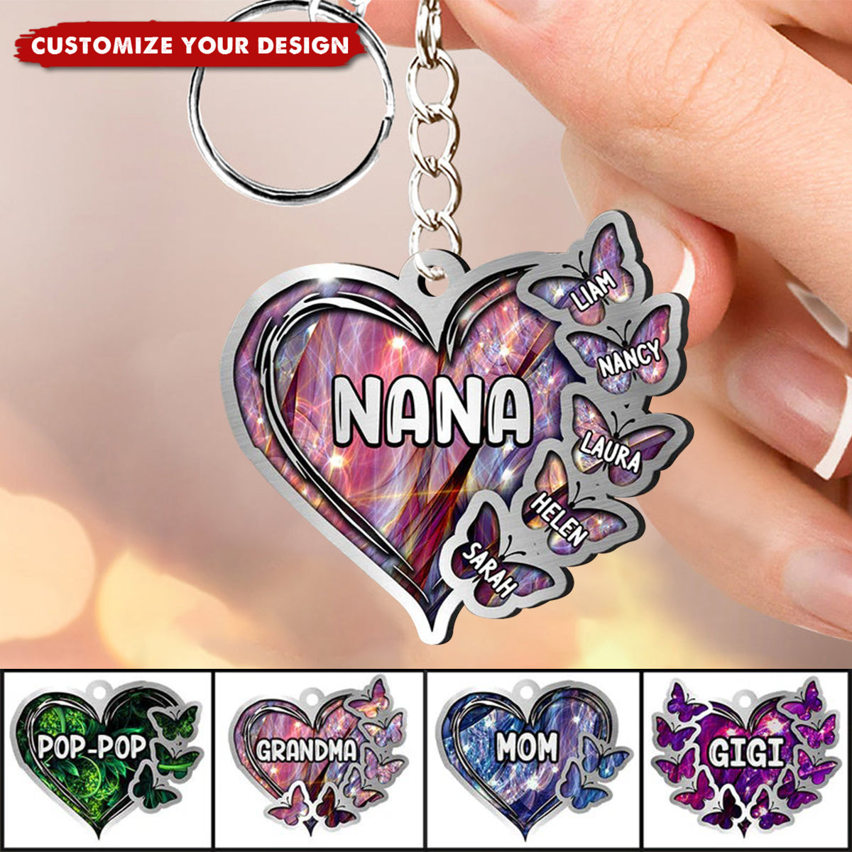 Sparkling Grandma- Mom Heart Butterfly Kids, Multi Colors Personalized Acrylic Keychain