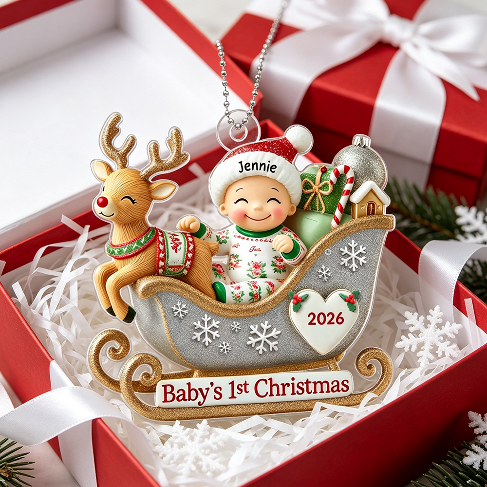 Adorable Reindeer Sleigh Acrylic Ornament – Baby’s First Christmas Premium Keepsake Gift for Newborn Celebration