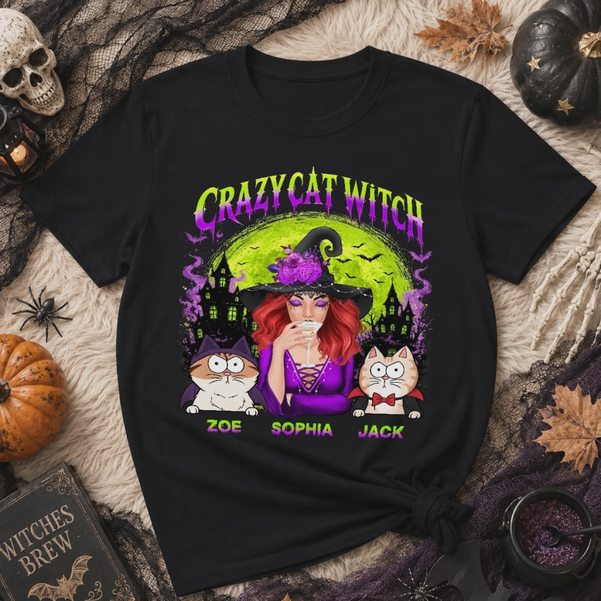 Custom Unisex T-shirt - Personalized Halloween Witchy Gifts For Cat Lovers, Cat Mom And Dad - Meet My Spooky Fur Babies
