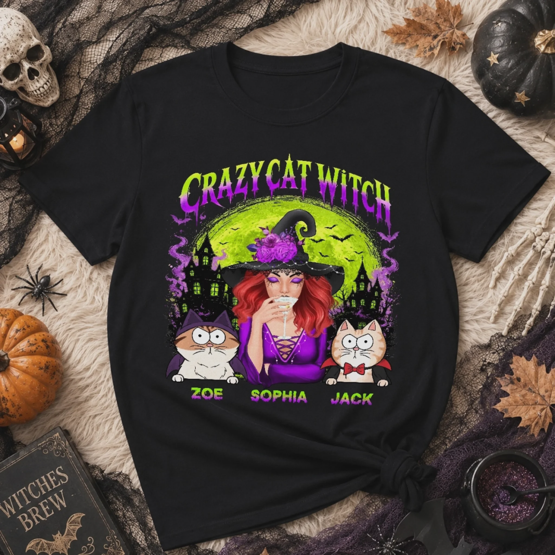 Custom Unisex T-shirt - Personalized Halloween Witchy Gifts For Cat Lovers, Cat Mom And Dad - Meet My Spooky Fur Babies