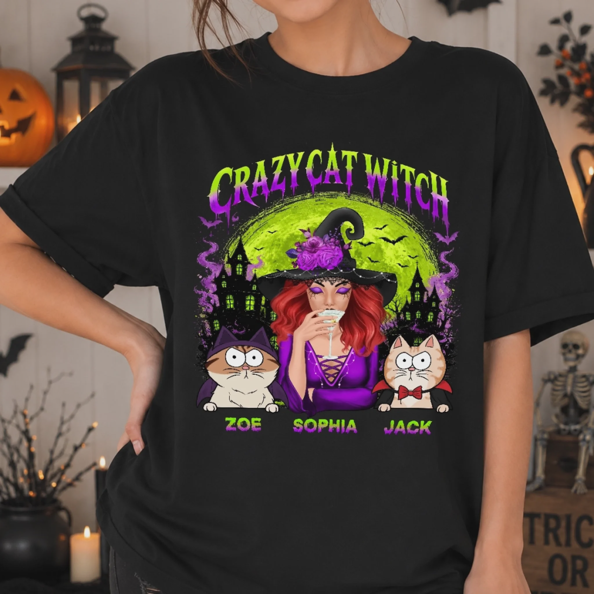 Custom Unisex T-shirt - Personalized Halloween Witchy Gifts For Cat Lovers, Cat Mom And Dad - Meet My Spooky Fur Babies