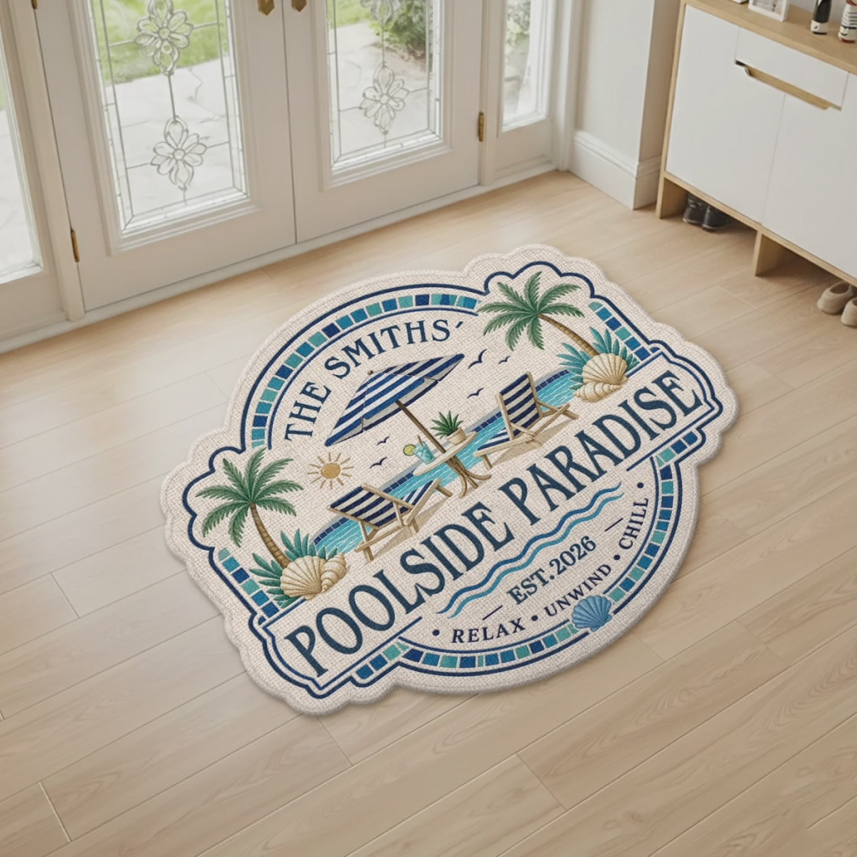 Custom Poolside Shaped Doormat - Personalized Summer Vacation And Travel Gifts For Mom, Dad, Brother, Sister - Welcome To Paradise
