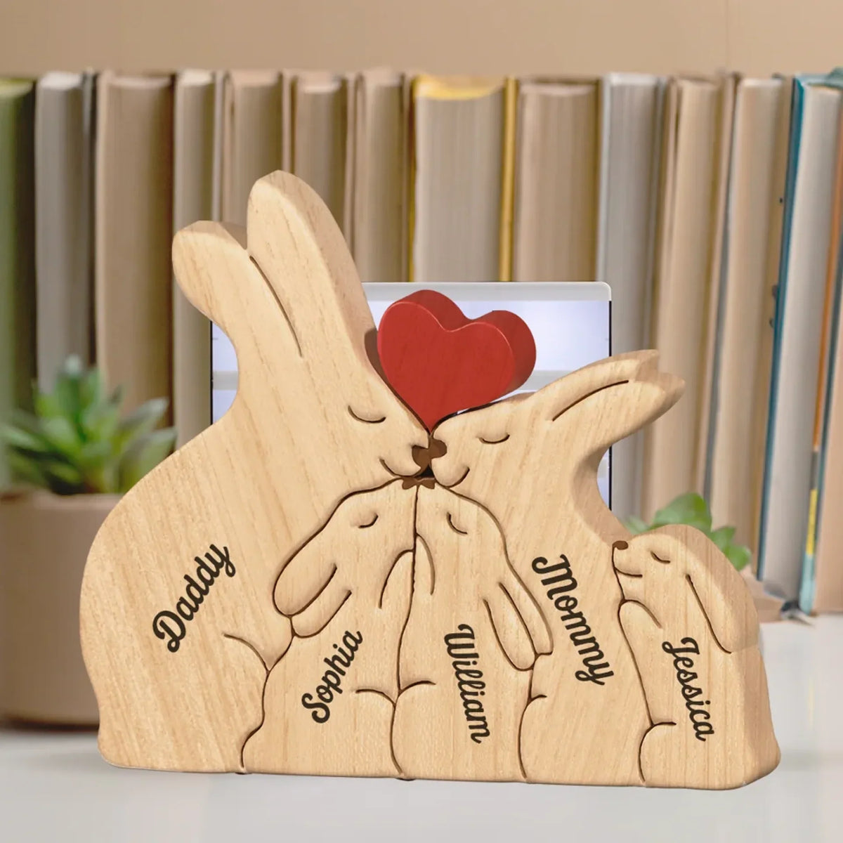 Love & Bunnies - Family Personalized Custom Rabbit Shaped Wooden Art Puzzle - Wooden Pet Carvings, Wood Sculpture Table Ornaments, Carved Wood Decor - Gift For Family Members