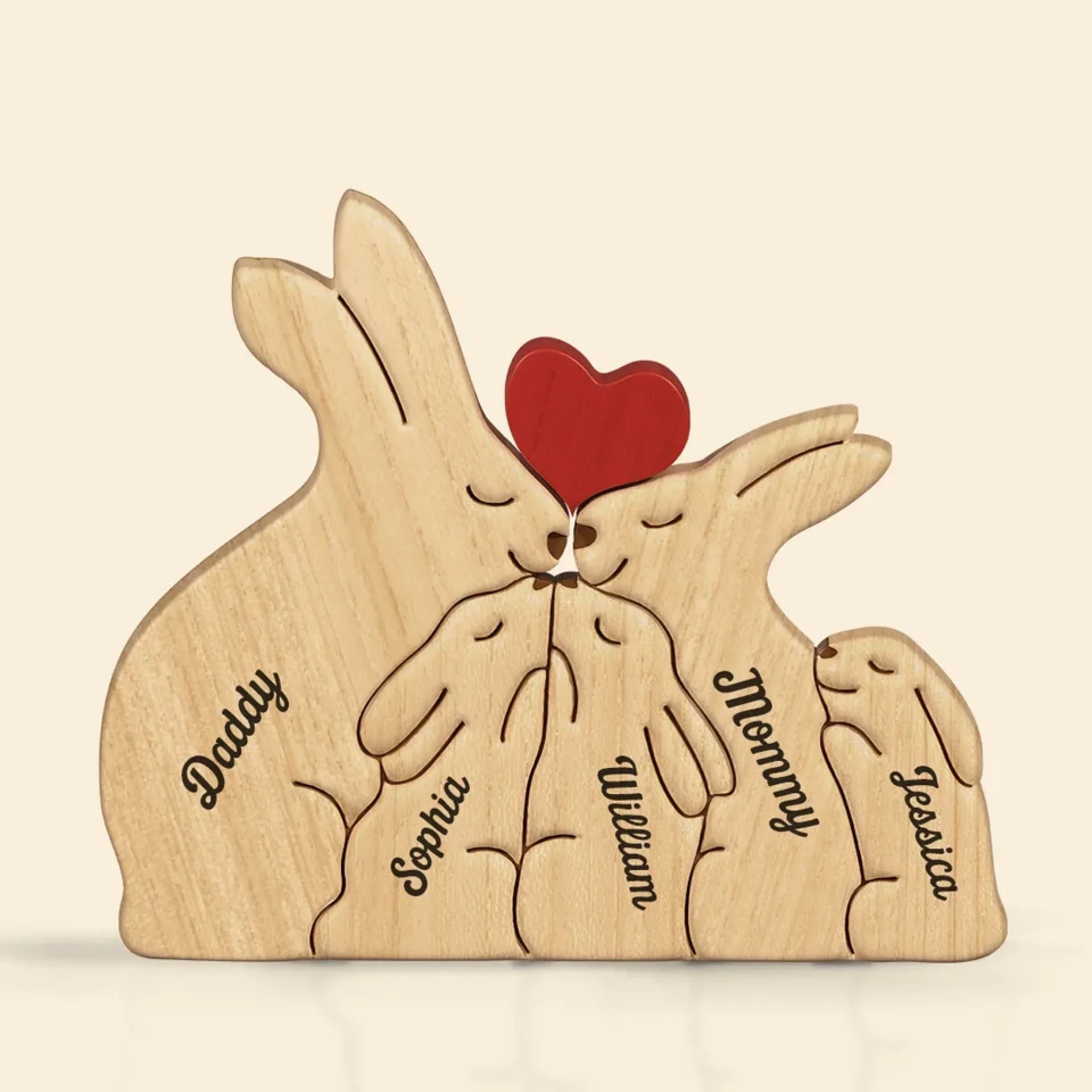 Love & Bunnies - Family Personalized Custom Rabbit Shaped Wooden Art Puzzle - Wooden Pet Carvings, Wood Sculpture Table Ornaments, Carved Wood Decor - Gift For Family Members