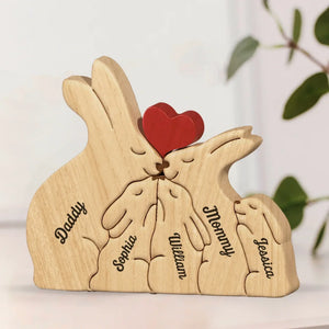 Love & Bunnies - Family Personalized Custom Rabbit Shaped Wooden Art Puzzle - Wooden Pet Carvings, Wood Sculpture Table Ornaments, Carved Wood Decor - Gift For Family Members