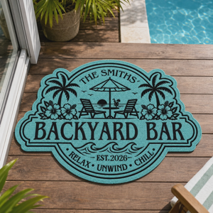 Custom Poolside Shaped Doormat - Personalized Summer Vacation And Travel Gifts For Mom, Dad, Brother, Sister, Kids - Welcome To Our Happy Place