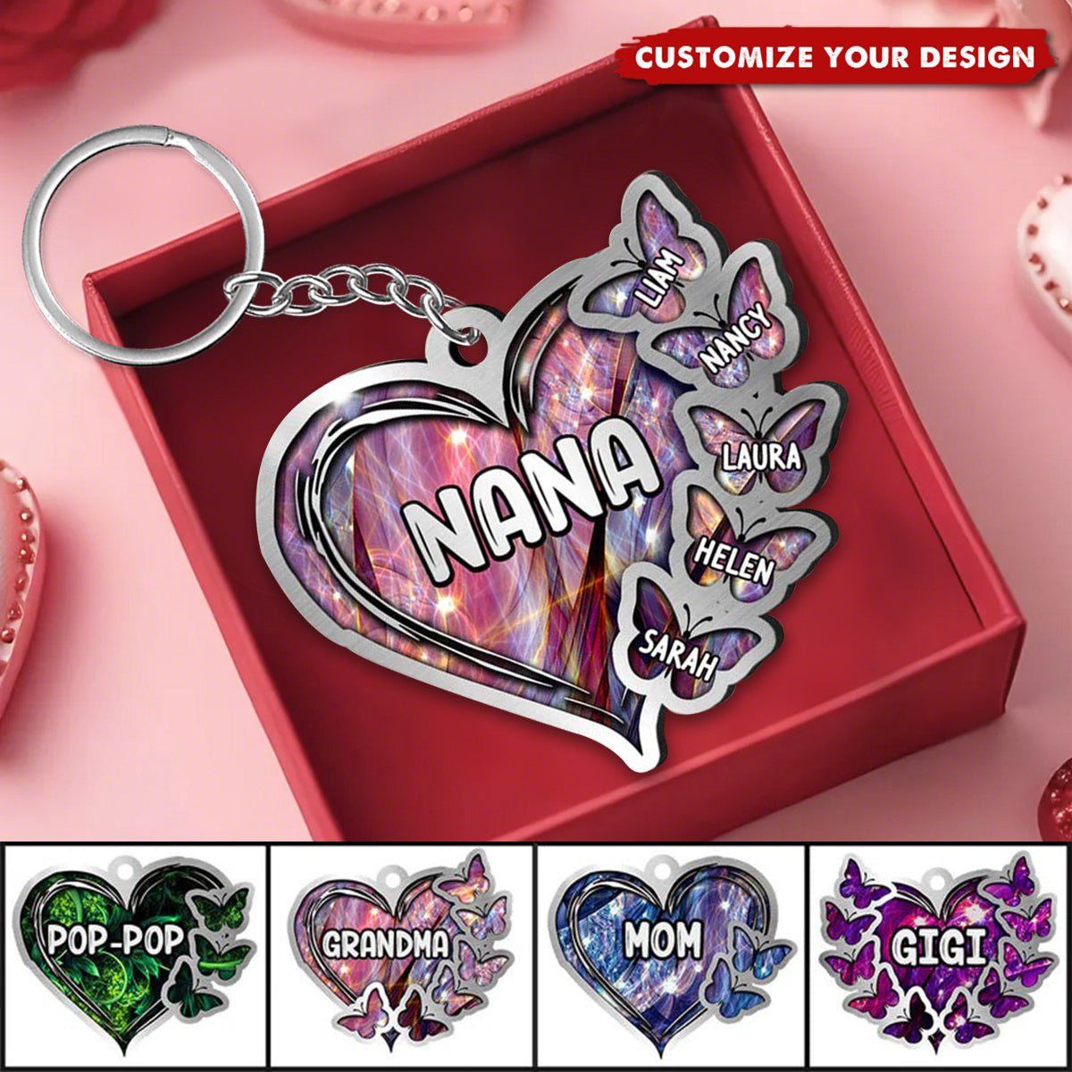 Sparkling Grandma- Mom Heart Butterfly Kids, Multi Colors Personalized Acrylic Keychain