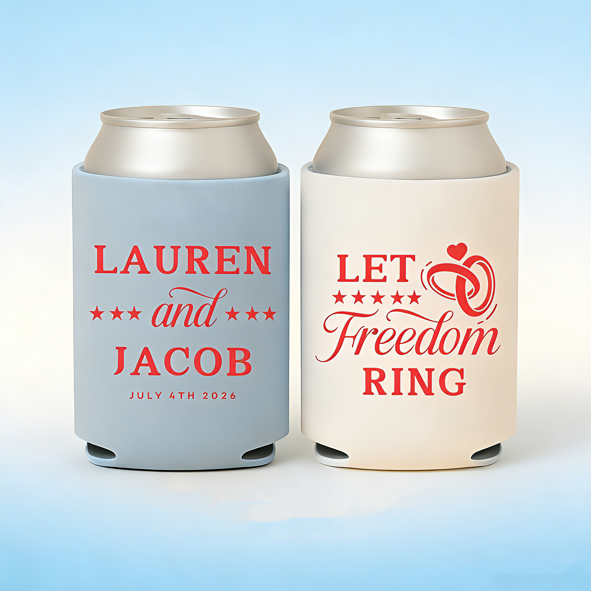 Custom 4th of July Wedding Can Coolers | Let Freedom Ring Patriotic Design | Red White and Blue Wedding Favors, USA Theme, USA Wedding