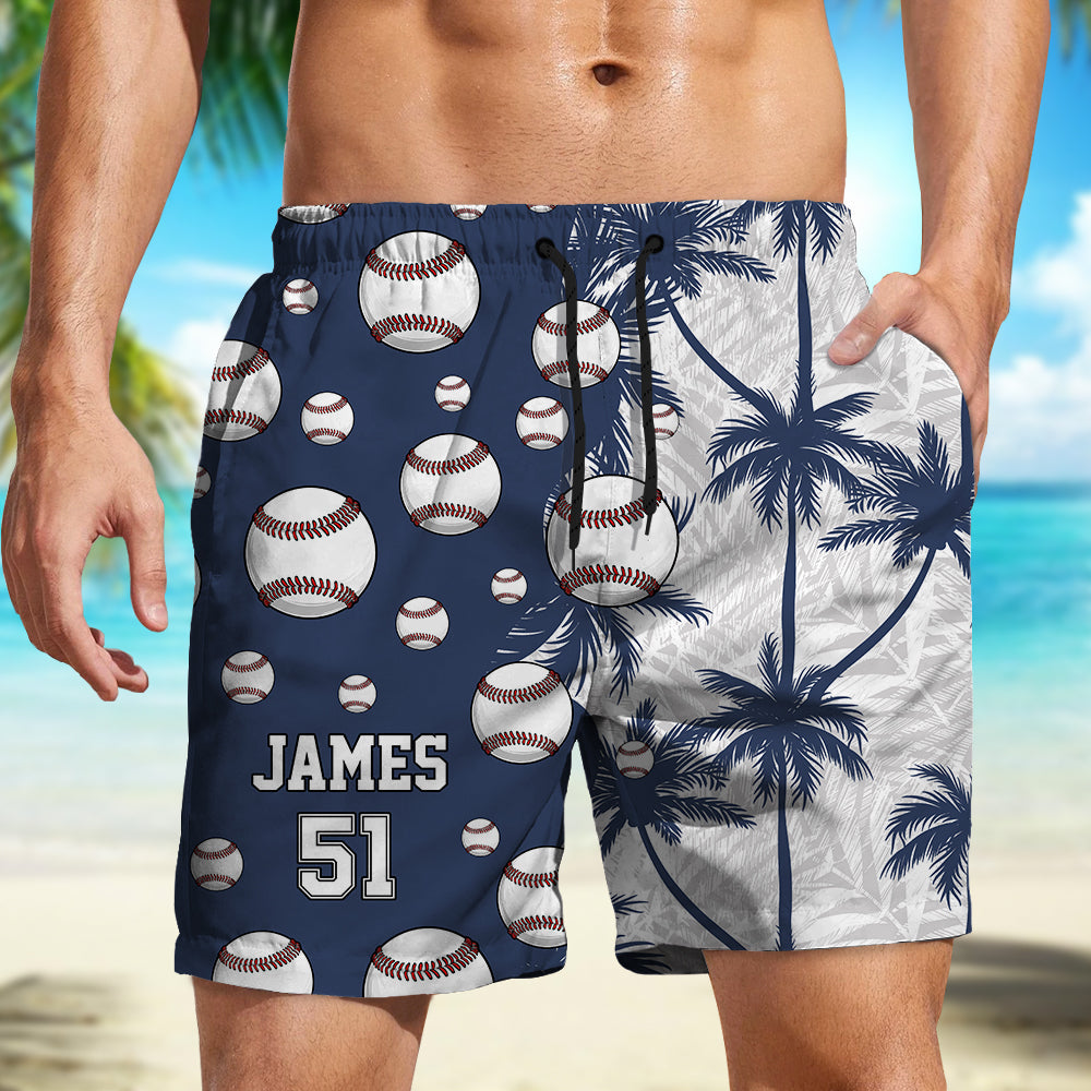 Personalized Custom Name Number Baseball Tropical Men's Beach Shorts For Sports Fans