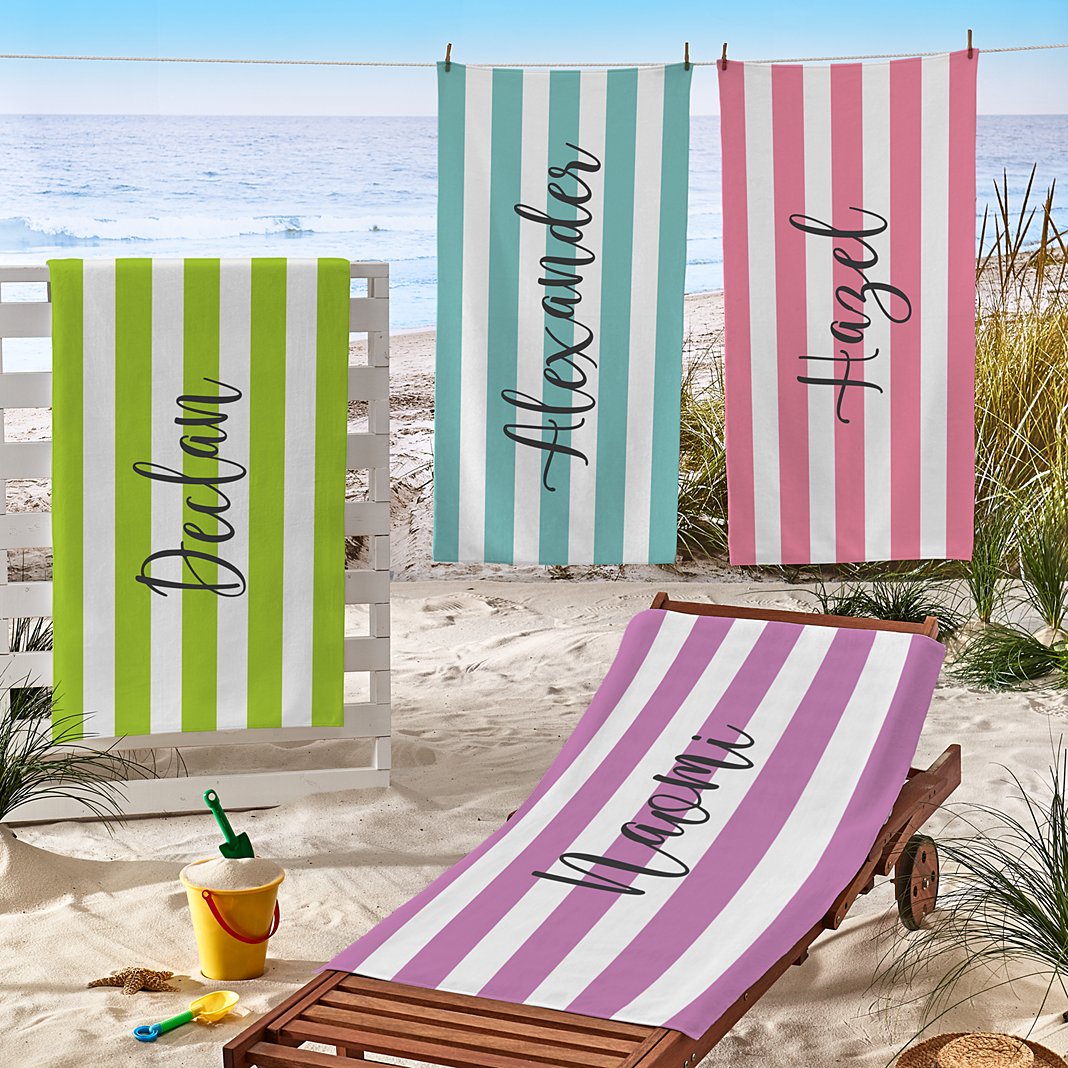 Personalized Summer Striped Beach Towel, Custom Name Pool Towel for Men, Women, Kids & Family, Custom Beach Blanket for Vacation, Beach Gift for Him & Her