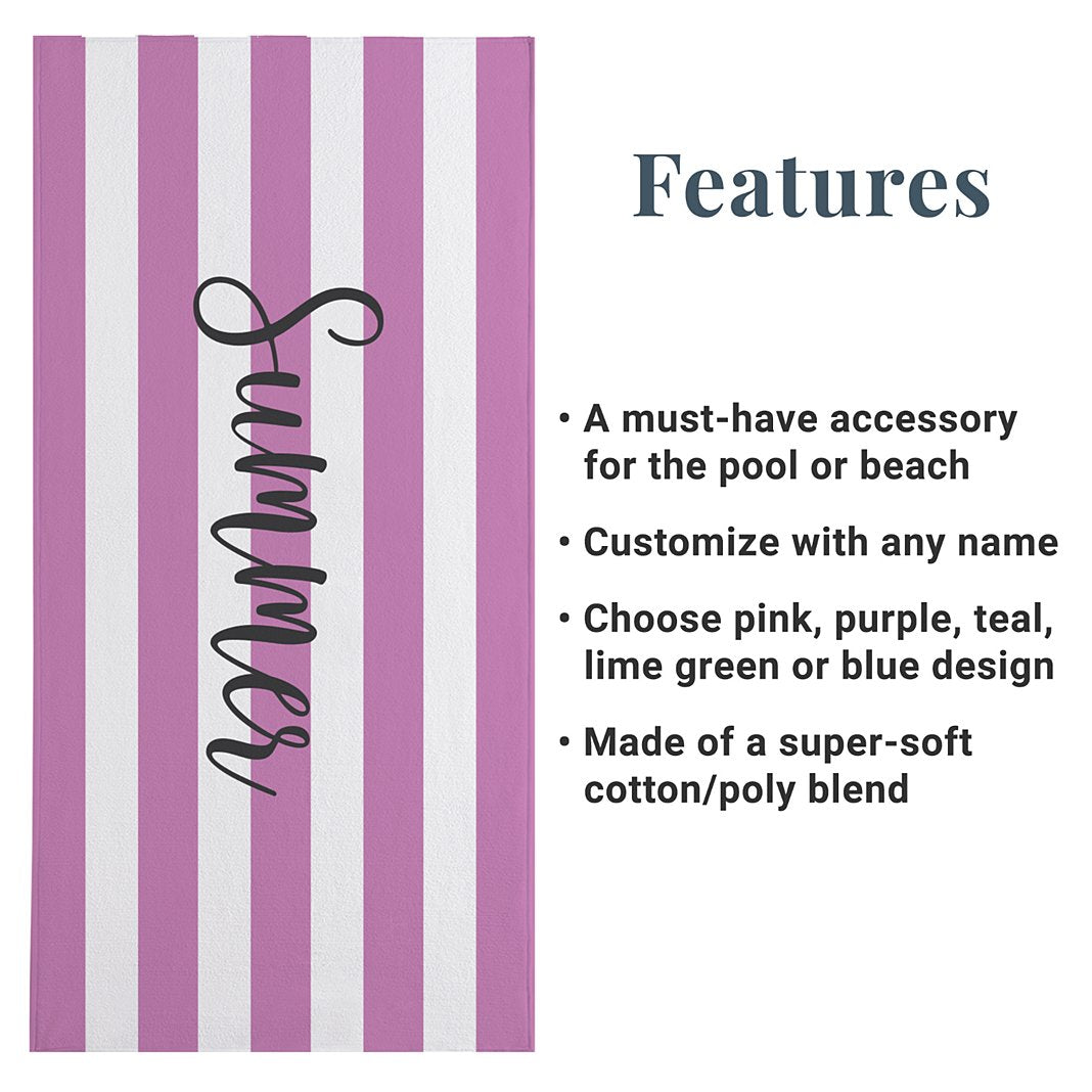 Personalized Summer Striped Beach Towel, Custom Name Pool Towel for Men, Women, Kids & Family, Custom Beach Blanket for Vacation, Beach Gift for Him & Her