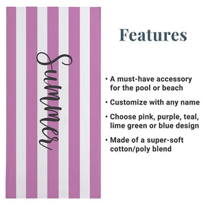 Personalized Summer Striped Beach Towel, Custom Name Pool Towel for Men, Women, Kids & Family, Custom Beach Blanket for Vacation, Beach Gift for Him & Her
