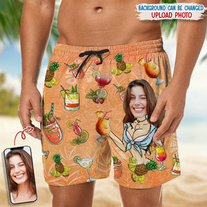 Personalized Custom Face Photo Men's Tropical Cocktail Pineapple Beach Shorts, Custom Print Swim Trunks Unique Summer Gift For Husband Boyfriend